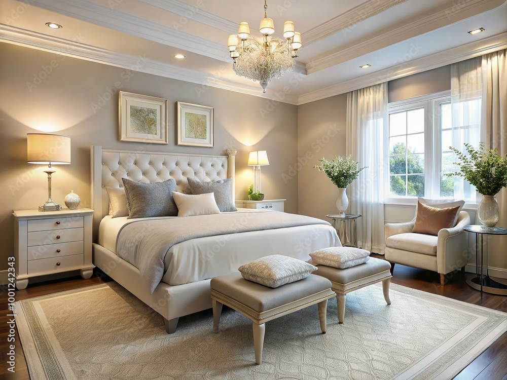 Softly lit bedroom featuring a serene palette, with crisp white furniture, calming accent walls, and elegant decorative Softly lit bedroom featuring a serene palette, with crisp white furniture, calming accent walls, and elegant decorative