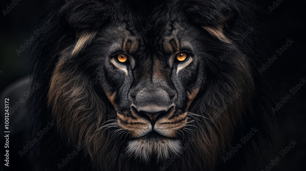 Black lion with a luxurious mane, eyes gleaming with wisdom and courage, symbolizing wild elegance. -