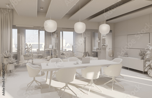 Office Conference room interior. 3D rendering. Clay rendering.
