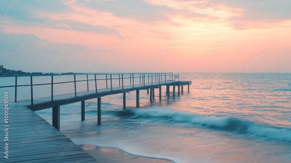 Obraz premium Broken steel bridge extending into the sea, perfect for watching sunrises, sunsets, and fishing. Serene beach scene with slow-motion sea waves.