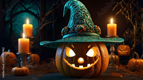 A row of pumpkins with a candle in the middle. photo