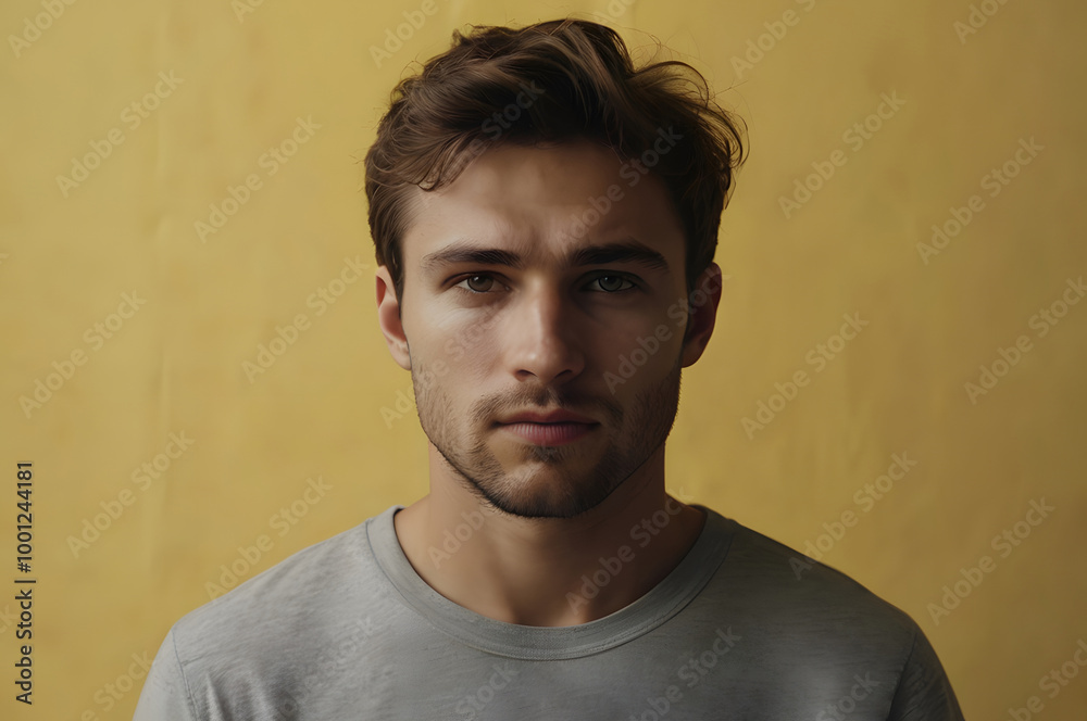 Fototapeta premium Young Caucasian man in front of yellow background. He looks tired and serious. 