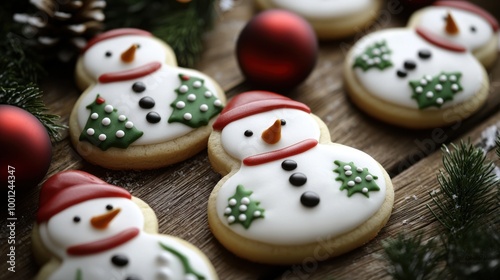 Christmas cookies in the shape of snowmen with sugar icing lie on a wooden table, against the background of fir branches and Christmas decorations