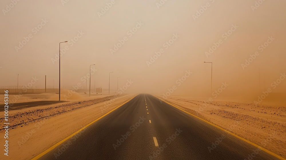 Desert sand covering roads during a sandstorm, causing road blockages as sand accumulates across the roadway. Desert sand covering roads during a sandstorm, causing road blockages as sand accumulates across the roadway.