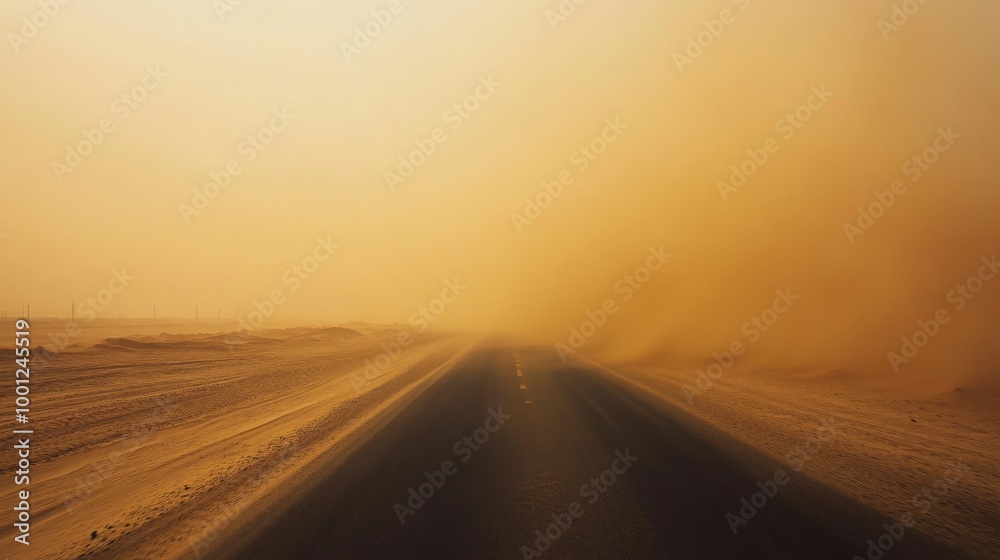 Desert sand covering roads during a sandstorm, causing road blockages as sand accumulates across the roadway. Desert sand covering roads during a sandstorm, causing road blockages as sand accumulates across the roadway.