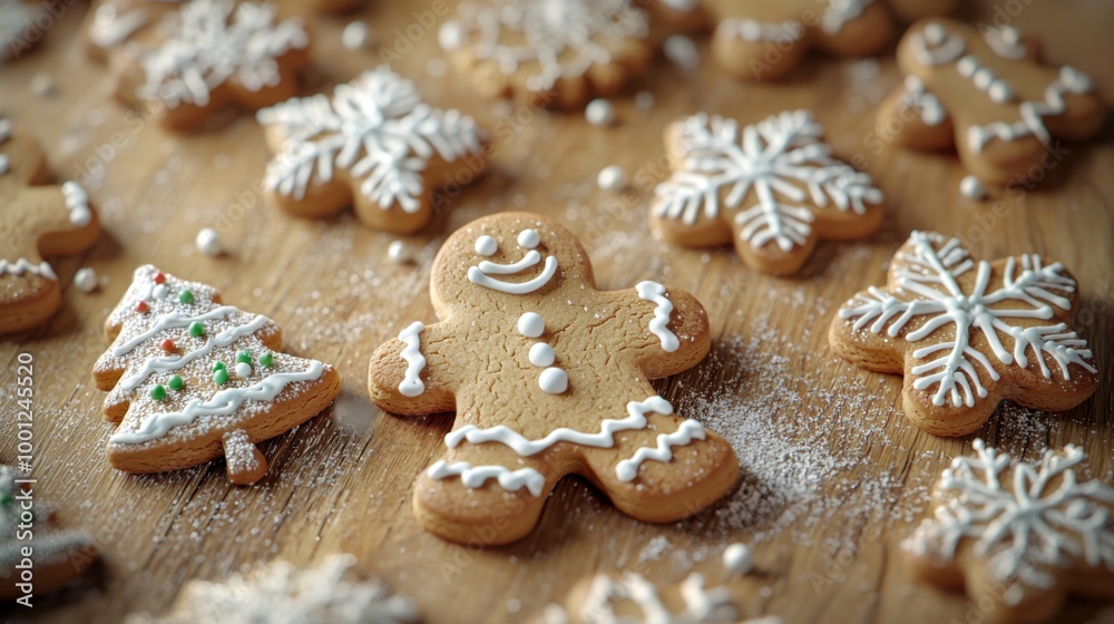 Christmas gingerbread man cookies with sugar icing lie on wooden background Christmas gingerbread man cookies with sugar icing lie on wooden background