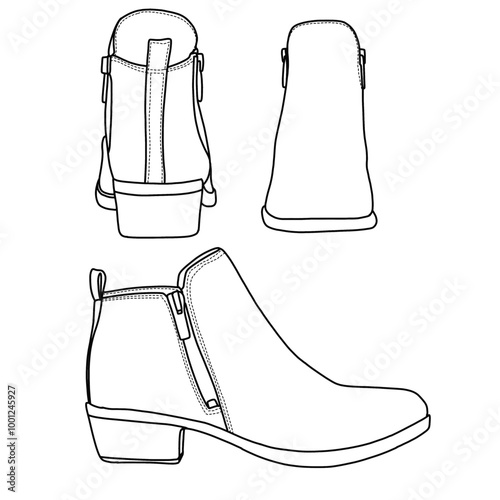 Women's Basel Ankle Bootie with Zipper Pull-On Shoes Line art, Technical sketch hand drawing outline vector doodle illustration Side, front and rear view isolated on white background