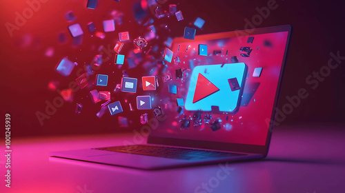 Laptop with colorful icons of play buttons and media symbols floating out of the screen.