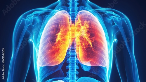 Detailed X-ray of a human chest with highlighted areas for treatment, focusing on advanced medical diagnostics and internal organ visibility