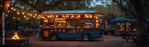 Cozy outdoor s'mores cart with warm lights and firepit at sunset