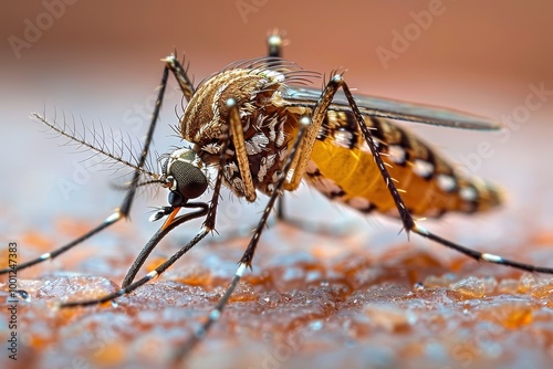 Intricate macro shot of a mosquito feeding on skin, showcasing its body structure and proboscis photo