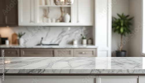 A marble countertop or table in the foreground, with a blurred living room scene featuring a couch and decorative elements.