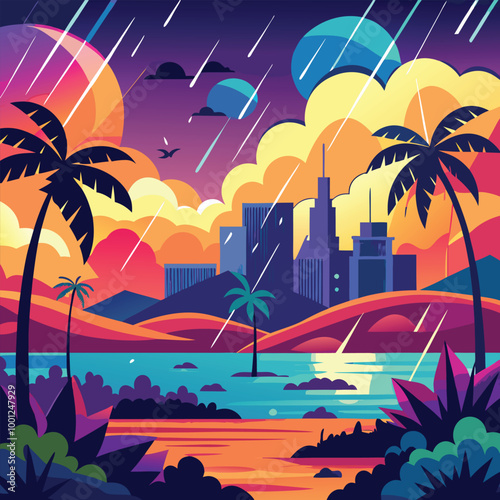 
Monsoon Season vector flat minimalistic isolated vector style illustration. A high-quality image capturing a monsoon landscape with rain, stormy skies, and lush greenery.