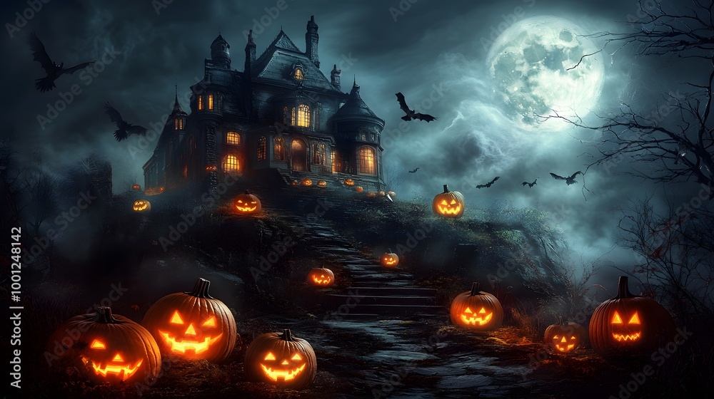 A haunted mansion on a hilltop, shrouded in dense fog, with glowing pumpkins lining a winding path A haunted mansion on a hilltop, shrouded in dense fog, with glowing pumpkins lining a winding path