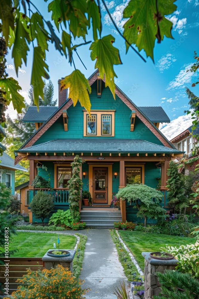 Elegant teal Craftsman home with a picturesque front yard and detailed wooden trim. Elegant teal Craftsman home with a picturesque front yard and detailed wooden trim.