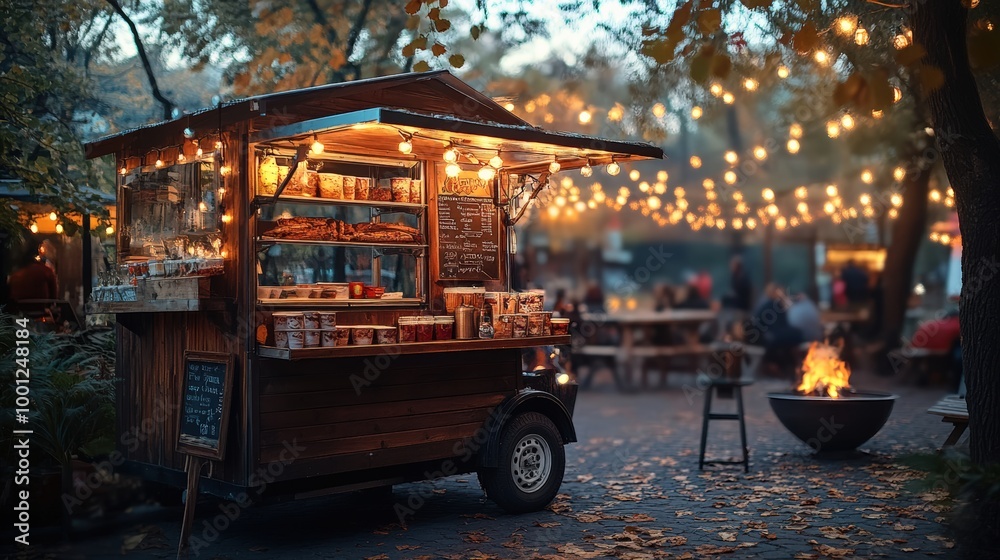 Cozy outdoor s'mores cart with warm lights and firepit at sunset Cozy outdoor s'mores cart with warm lights and firepit at sunset