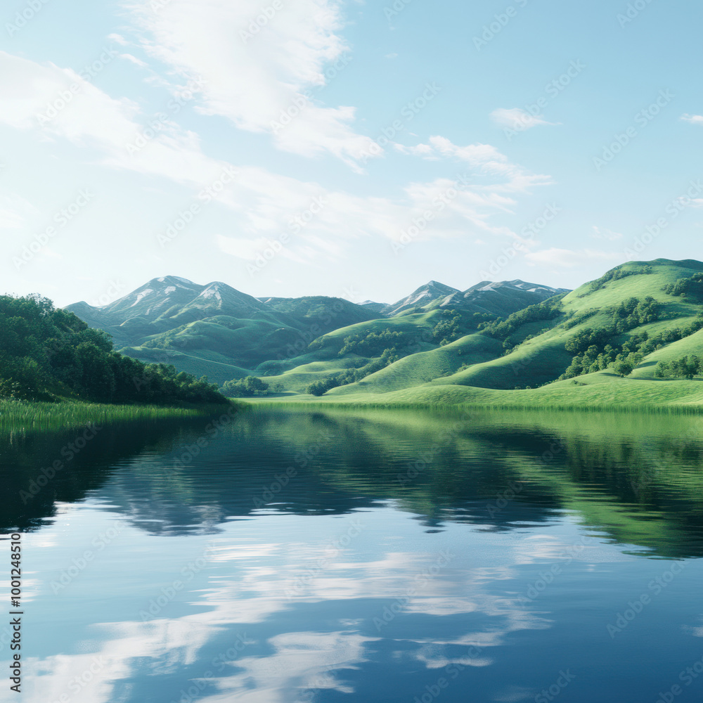 A stunning view showing a tranquil lake set amidst sloping hills, surrounded by lush green trees reflecting in the crystal clear water like a natural mirror A stunning view showing a tranquil lake set amidst sloping hills, surrounded by lush green trees reflecting in the crystal clear water like a natural mirror