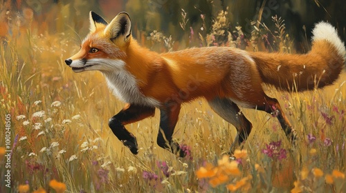 Majestic Red Fox Running Through Vibrant Wildflower Field