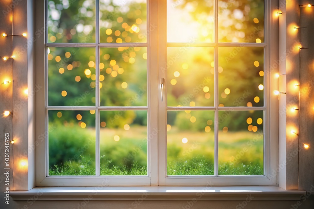 Naklejka premium Soft, warm light spills through a minimalist white window frame, casting a gentle glow on a blurred, peaceful