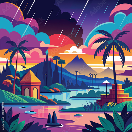 
Monsoon Season vector flat minimalistic isolated vector style illustration. A high-quality image capturing a monsoon landscape with rain, stormy skies, and lush greenery.