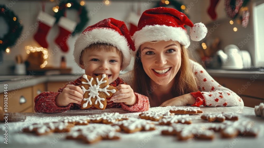 mother and child smiling in santa hats and showing christmas snowflake cookies on kitchen background mother and child smiling in santa hats and showing christmas snowflake cookies on kitchen background
