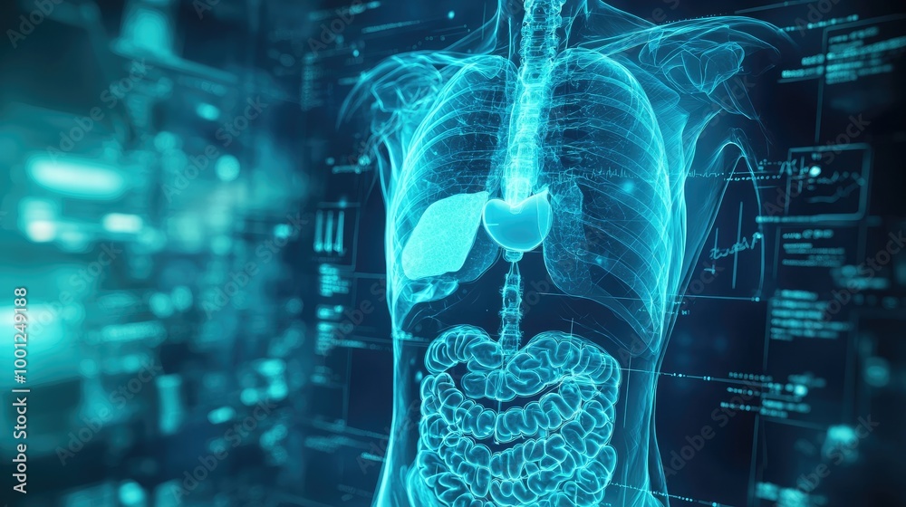 Digital X-ray of human torso showcasing internal organs with highlighted treatment areas, representing modern medical technology and diagnostics Digital X-ray of human torso showcasing internal organs with highlighted treatment areas, representing modern medical technology and diagnostics