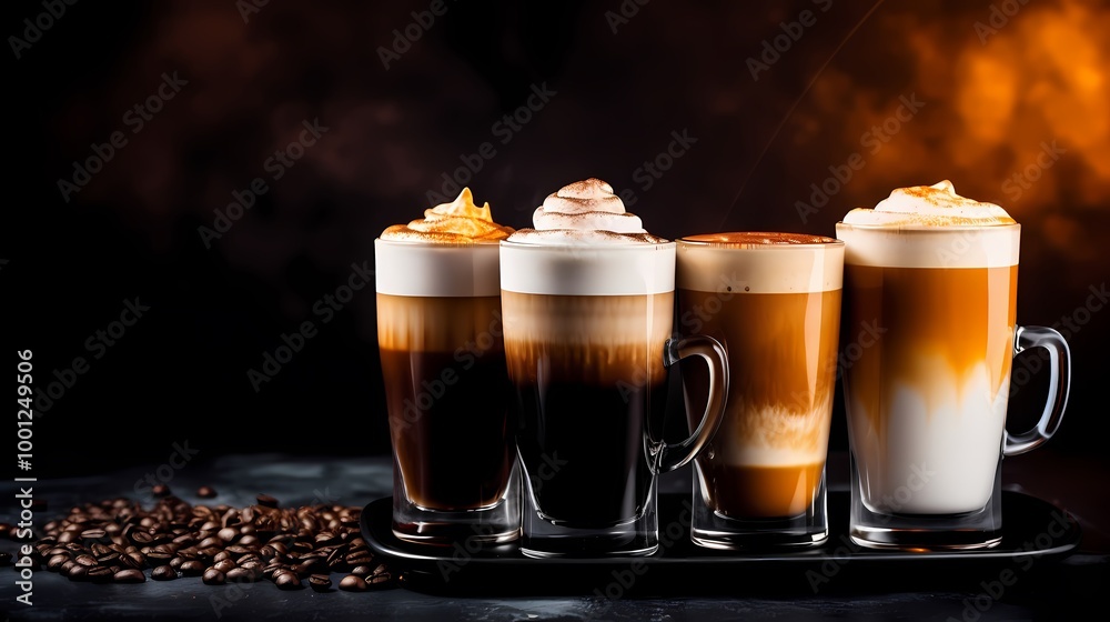 A selection of gourmet coffee drinks displayed in a stylish and inviting setting. A selection of gourmet coffee drinks displayed in a stylish and inviting setting.