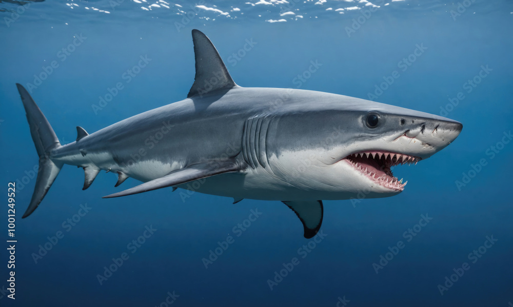 A great white shark swims through the blue ocean water A great white shark swims through the blue ocean water