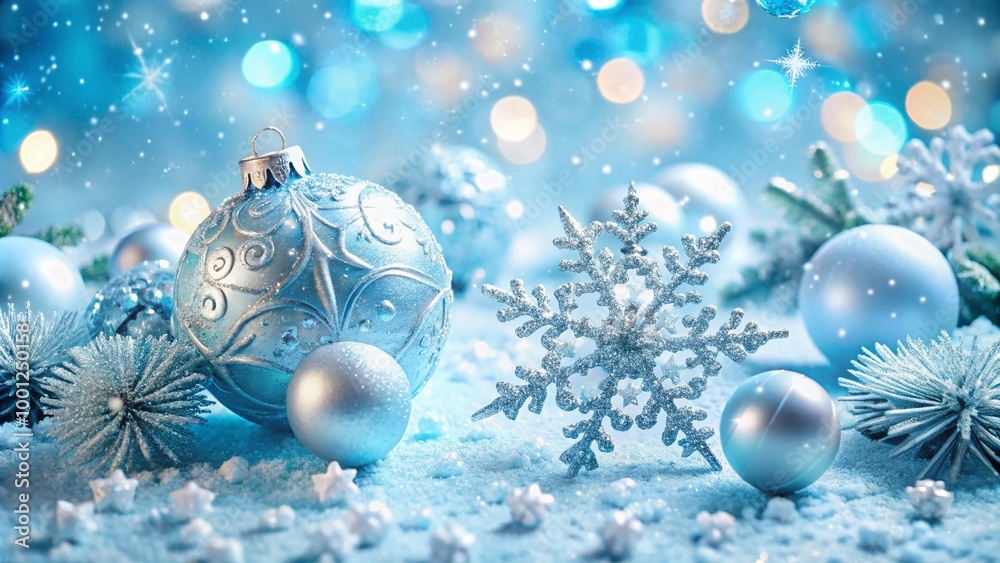 Sparkling frosty snowflakes and shimmering glittering decorations adorn a serene calming blue winter wonderland holiday Sparkling frosty snowflakes and shimmering glittering decorations adorn a serene calming blue winter wonderland holiday