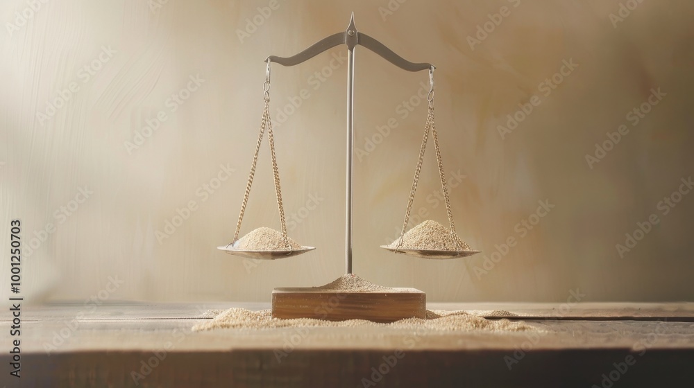 A balancing scale with sand trickling from one side, slowly achieving equilibrium A balancing scale with sand trickling from one side, slowly achieving equilibrium