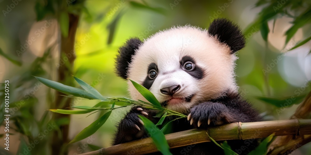 Obraz premium Adorable Panda Cub Munching Bamboo: A captivating close-up of an endearing giant panda cub nestled amongst bamboo, delicately munching on fresh leaves.
