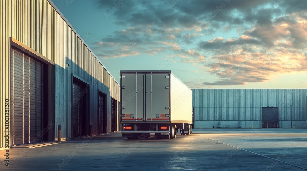 Obraz premium A semi-trailer truck positioned at a logistics park ramp, with warehouse doors open for loading and distribution.