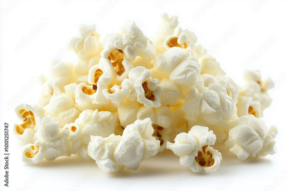 Crispy popcorn pile on white background, perfect for snacking Crispy popcorn pile on white background, perfect for snacking