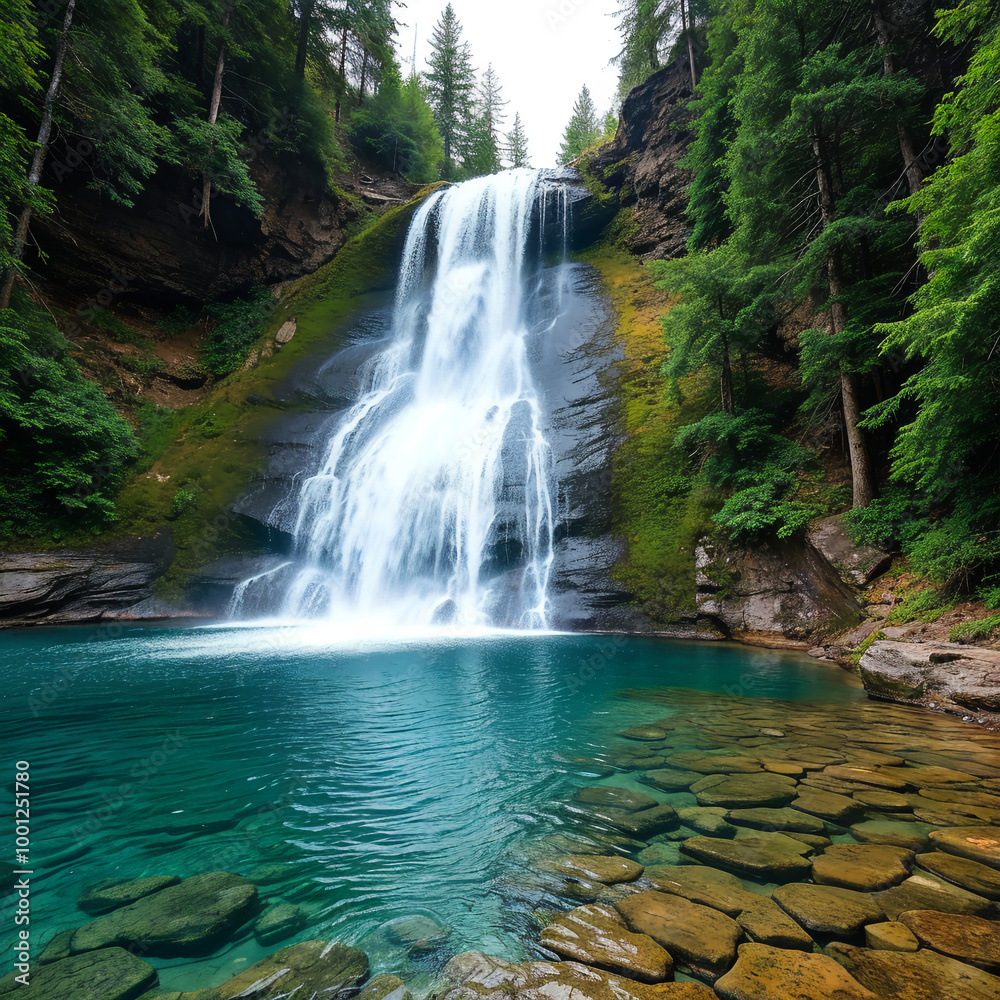 Obraz premium Waterfall Cascading into a Pristine Mountain Pool
