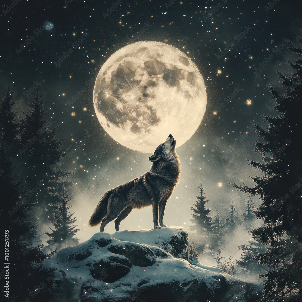 a lone wolf howling under a full moon, with a backdrop of a snowy forest and twinkling stars a lone wolf howling under a full moon, with a backdrop of a snowy forest and twinkling stars