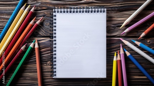 A blank notebook surrounded by colorful pencils, ready for a beginner's first sketches