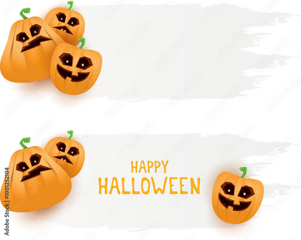 Naklejka premium Halloween web white grunge cartoon Banner or poster with Halloween scary pumpkins isolated on transparent background . Funky kids Halloween png banner with space for greeting text or sale