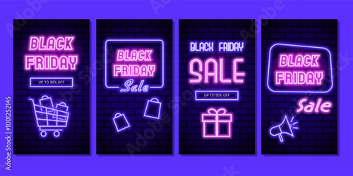 Set of vertical Black Friday banners featuring neon text on a brick wall. Vector posters for sales promotions