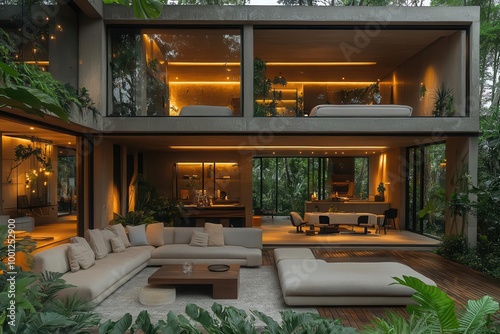 stylish modern penthouse living room featuring lush greenery outside the expansive windows soft warm lighting enhances minimalist decor creating a serene atmosphere