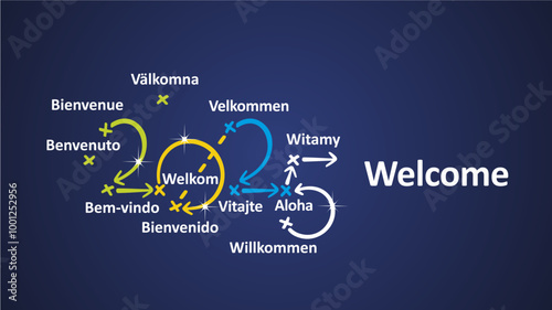 Welcome 2025 new year word cloud text in different languages with handwritten colorful strategy arrows in shape of 2025 on board. New Year white blue background vector