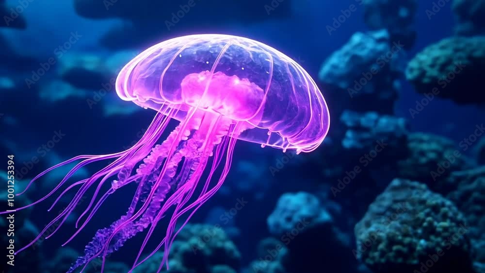 Glowing pink jellyfish swimming in a deep blue ocean, perfect for marine life, underwater exploration, or World Oceans Day themes Glowing pink jellyfish swimming in a deep blue ocean, perfect for marine life, underwater exploration, or World Oceans Day themes