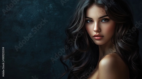 Beautiful woman with perfect dark brown hair, cascading smoothly down her shoulders, set against a deep,