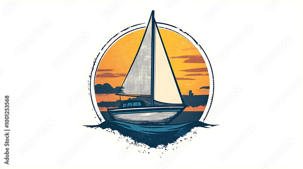 Fototapeta premium Vintage illustration of a sailboat at sunset.