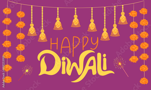 Happy Diwali light festival vector background. Diwali banner design with colorful lantern lights, marygold decorations, fireworks, bengal lights elements  for graphic and web design templates