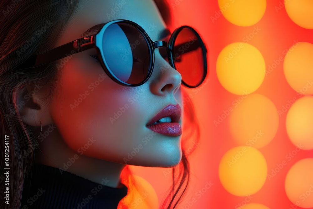 stylish retrofuturistic woman in sunglasses set against a pop artinspired backdrop featuring vibrant circles and playful colors channeling the essence of 60s70s disco culture stylish retrofuturistic woman in sunglasses set against a pop artinspired backdrop featuring vibrant circles and playful colors channeling the essence of 60s70s disco culture