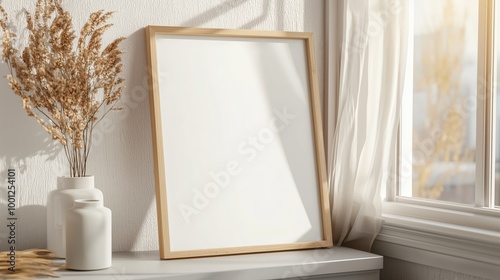 A simple frame sits empty beside a sunny window with light shining on a vase with dried plant decor on a shelf.