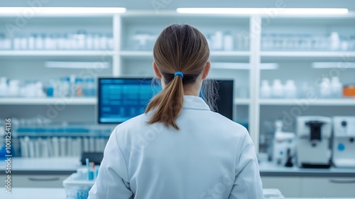 A researcher in a laboratory observes data on a monitor, surrounded by shelves of scientific equipment and supplies.