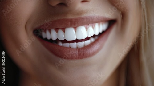 Close-up of a beautiful woman radiant smile, showcasing perfectly white teeth after a dental whitening procedure.