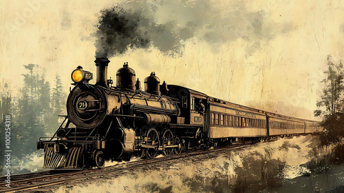 An old steam engine train moving through a forest.