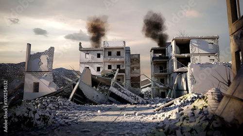 A Middle Eastern Palestine Gaza condition destroy buildings and house smoke in air sad background illustration  photo